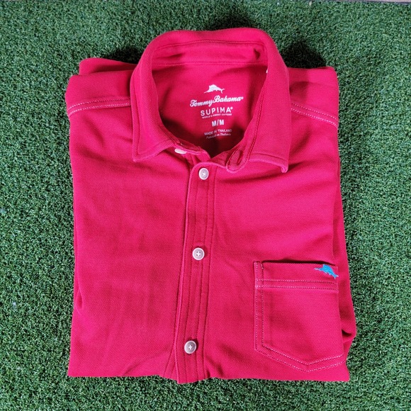 Tommy Bahama Supima Button Up Shirt Short Sleeve Casual Red‎ Medium - Picture 1 of 7